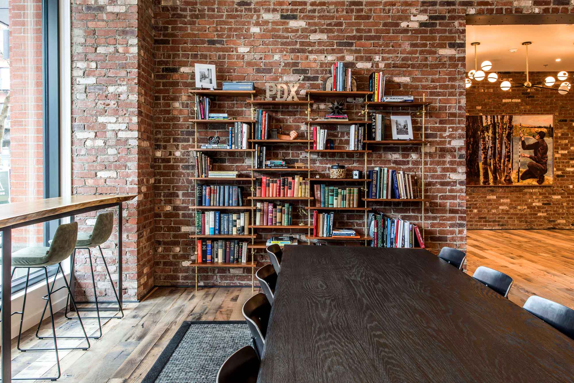Rustic lobby with library